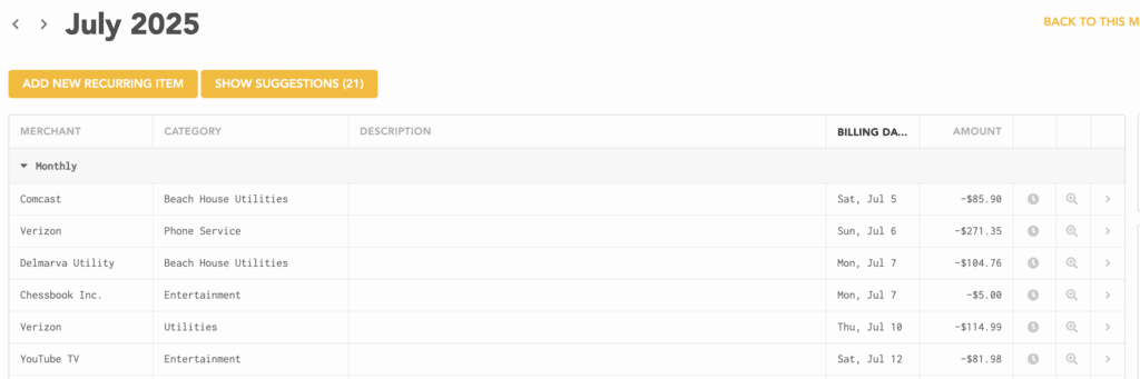 Lunch Money Recurring Expenses Cadence View